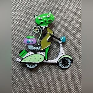 Enamel Green Cat in Vespa Brooch